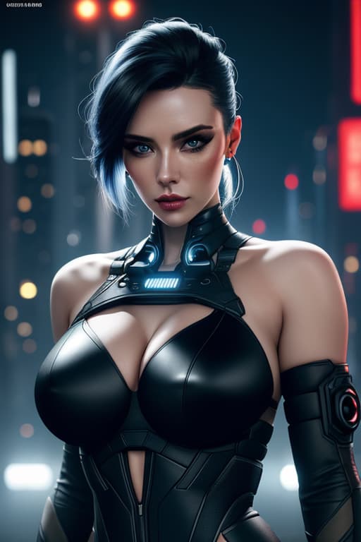  ultra realistic portrait ((beautiful pale cyberpunk female with heavy black eyeliner)), blue eyes, shaved side haircut, huge boobs, hyper detail, cinematic lighting, magic neon, dark red city, Canon EOS R3, nikon, f/1.4, ISO 200, 1/160s, 8K, RAW, unedited, symmetrical balance, in frame, 8K hyperrealistic, full body, detailed clothing, highly detailed, cinematic lighting, stunningly beautiful, intricate, sharp focus, f/1. 8, 85mm, (centered image composition), (professionally color graded), ((bright soft diffused light)), volumetric fog, trending on instagram, trending on tumblr, HDR 4K, 8K