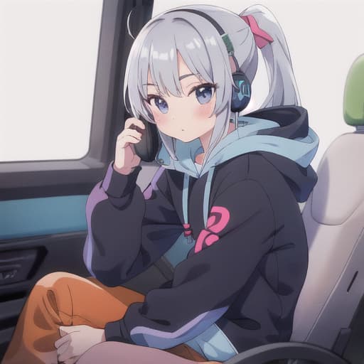  master piece , best quality,Bukavka hoodie, boy, headphones, silver ponytail.