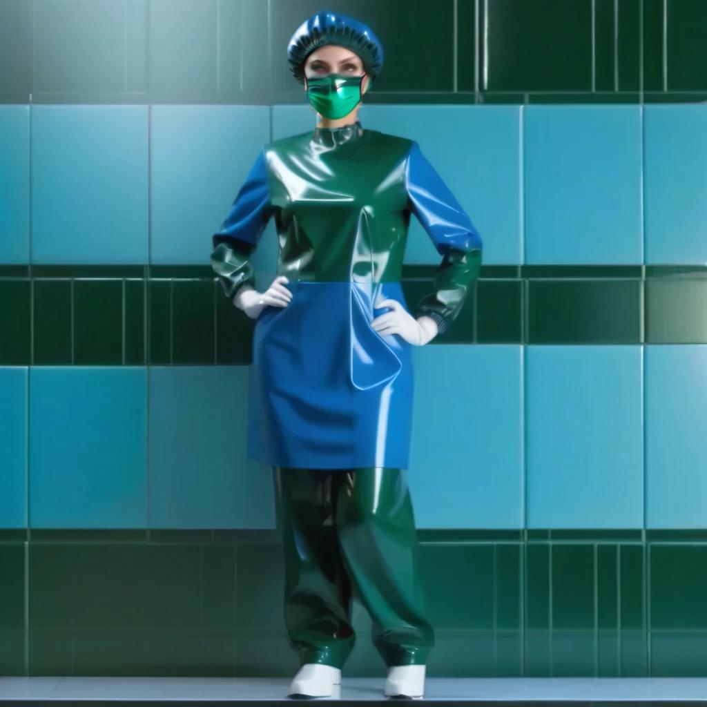  Standing, a woman, a surgeon, in (full height 1.1), (view from the front: 1.1), (face profile: 1.1), On the face: (Surgical mask with tie streaks: 1.2), made of (two toned glossy latex), divided horizontally in half, the top half of the mask is dark green, the bottom half of the mask is dark blue, {the surgical mask adheres tightly to the face, covering the chin and forehead, fixed by ties at the back of the head and the crown of the head}. hyperrealistic, full body, detailed clothing, highly detailed, cinematic lighting, stunningly beautiful, intricate, sharp focus, f/1. 8, 85mm, (centered image composition), (professionally color graded), ((bright soft diffused light)), volumetric fog, trending on instagram, trending on tumblr, HDR 4K, 8K