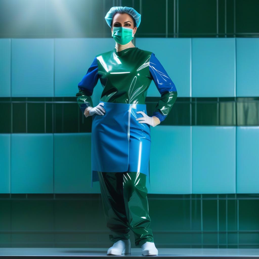  A woman, surgeon, stands (full height:1.1), (view from front:1.1), (face on:1.1), On her face: (Surgical mask with bandages tying:1.2), made of (shiny latex:1.3), divided at the mouth into two parts, the upper part of the mask is dark green, the lower part of the mask is dark blue, the surgical mask fits tightly to the face, covering the neck and the bridge of the nose, fixed by bandages on the back of the head and the forehead. hyperrealistic, full body, detailed clothing, highly detailed, cinematic lighting, stunningly beautiful, intricate, sharp focus, f/1. 8, 85mm, (centered image composition), (professionally color graded), ((bright soft diffused light)), volumetric fog, trending on instagram, trending on tumblr, HDR 4K, 8K