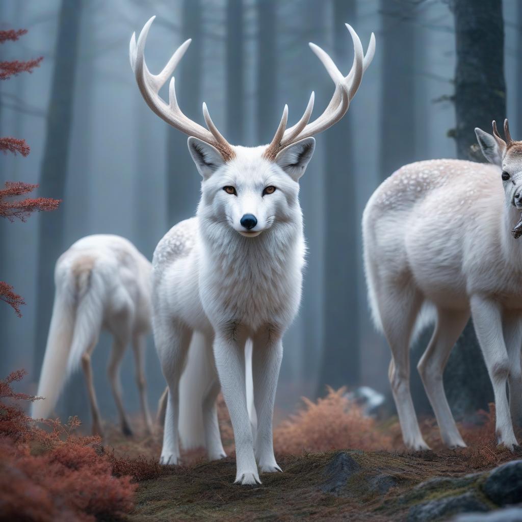  A polar fox with huge white deer antlers hyperrealistic, full body, detailed clothing, highly detailed, cinematic lighting, stunningly beautiful, intricate, sharp focus, f/1. 8, 85mm, (centered image composition), (professionally color graded), ((bright soft diffused light)), volumetric fog, trending on instagram, trending on tumblr, HDR 4K, 8K