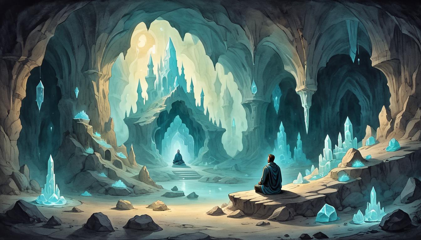  on parchment, surrealism+++, A lone figure meditating inside a quiet cavern, illuminated by soft glows of phosphorescent crystals, solitude, tranquility, spiritual retreat(mysterious, provocative, symbolic,muted color)+++