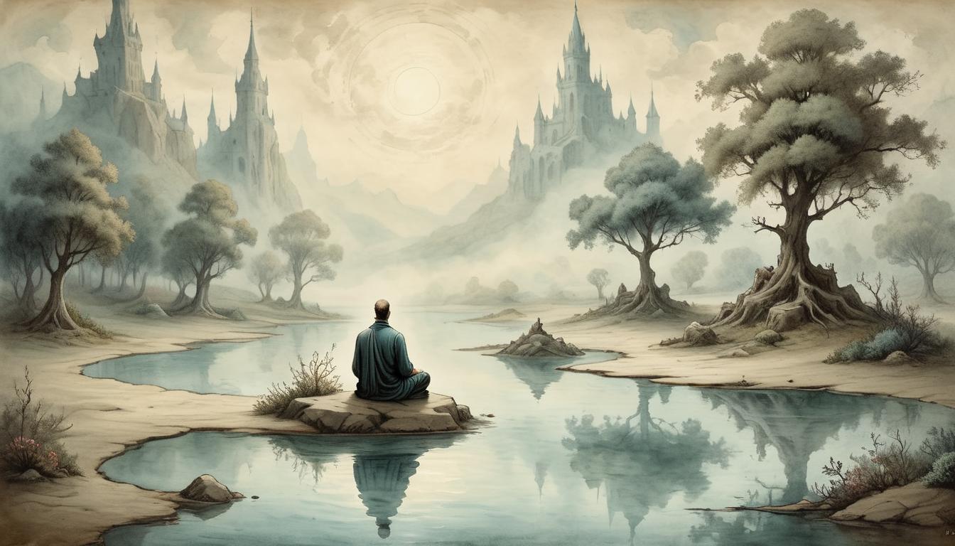  on parchment, surrealism+++, A lone figure meditating by a calm, reflective pool, surrounding nature in soft focus, grounding energy, peaceful atmosphere(mysterious, provocative, symbolic,muted color)+++