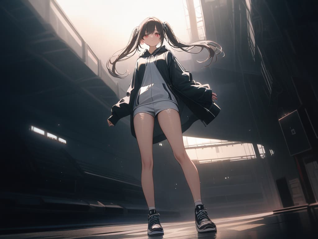  Red eyes, beige, twin tails, black ribbons on hair, dress sporty large hoodie, half pants, net tights, sneakers, light emission, light, ephemeral, ephemeral, ephemeral., masterpiece, best quality,8k,ultra detailed,high resolution,an extremely delicate and beautiful,hyper detail