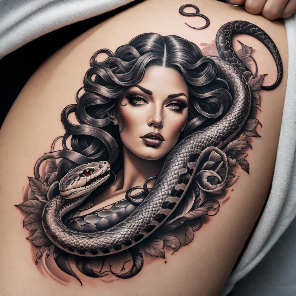  A nautical-themed tattoo featuring Medusa with black snakes for hair. She should have a tanned complexion and be in a full-body pinup style pose. Nautical elements such as anchors, ropes, and waves should be incorporated into the design. hyperrealistic, full body, detailed clothing, highly detailed, cinematic lighting, stunningly beautiful, intricate, sharp focus, f/1. 8, 85mm, (centered image composition), (professionally color graded), ((bright soft diffused light)), volumetric fog, trending on instagram, trending on tumblr, HDR 4K, 8K