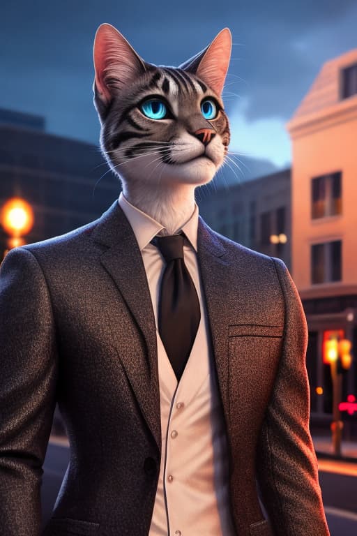  Cat, American shorthair, blue eyes, evening, downtown, looking up at the sky hyperrealistic, full body, detailed clothing, highly detailed, cinematic lighting, stunningly beautiful, intricate, sharp focus, f/1. 8, 85mm, (centered image composition), (professionally color graded), ((bright soft diffused light)), volumetric fog, trending on instagram, trending on tumblr, HDR 4K, 8K