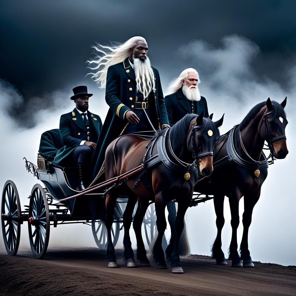  lovecraftian horror A dark skinned man, a soldier, in a coat, two horses on a carriage, a light beard, long white hair in full growth. . eldritch, cosmic horror, unknown, mysterious, surreal, highly detailed hyperrealistic, full body, detailed clothing, highly detailed, cinematic lighting, stunningly beautiful, intricate, sharp focus, f/1. 8, 85mm, (centered image composition), (professionally color graded), ((bright soft diffused light)), volumetric fog, trending on instagram, trending on tumblr, HDR 4K, 8K