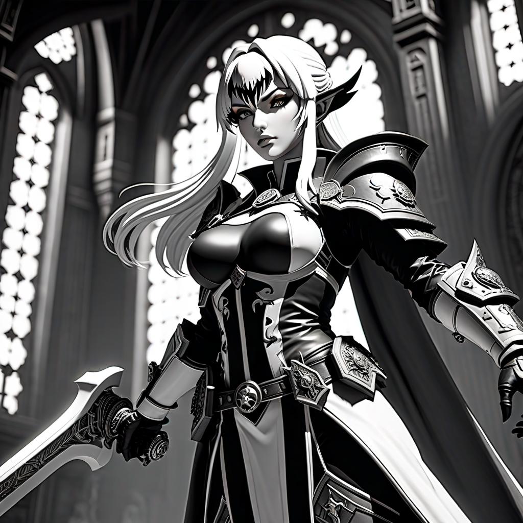  manga style A Warhammer 40000 Inquisitor Girl. A black and white Linaire. . vibrant, high energy, detailed, iconic, Japanese comic style hyperrealistic, full body, detailed clothing, highly detailed, cinematic lighting, stunningly beautiful, intricate, sharp focus, f/1. 8, 85mm, (centered image composition), (professionally color graded), ((bright soft diffused light)), volumetric fog, trending on instagram, trending on tumblr, HDR 4K, 8K