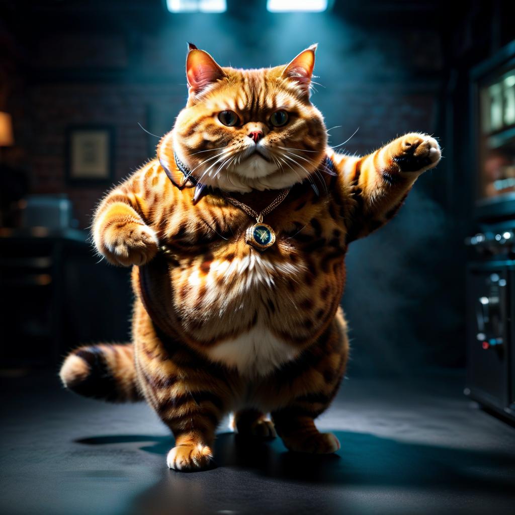  Fat cat with a belly hyperrealistic, full body, detailed clothing, highly detailed, cinematic lighting, stunningly beautiful, intricate, sharp focus, f/1. 8, 85mm, (centered image composition), (professionally color graded), ((bright soft diffused light)), volumetric fog, trending on instagram, trending on tumblr, HDR 4K, 8K