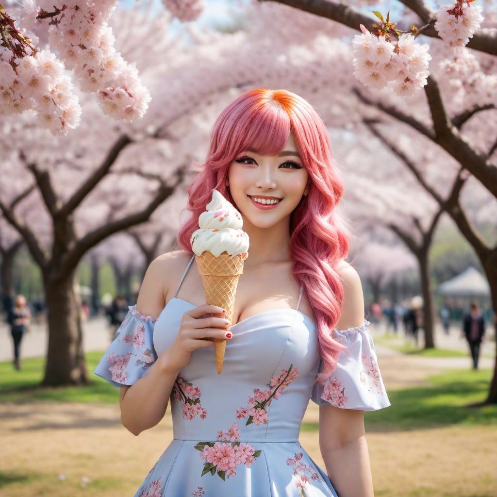  A big, fat anime girl with colorful hair, wearing a cute dress and holding a giant ice cream cone. She is smiling happily in a park with cherry blossom trees in the background. hyperrealistic, full body, detailed clothing, highly detailed, cinematic lighting, stunningly beautiful, intricate, sharp focus, f/1. 8, 85mm, (centered image composition), (professionally color graded), ((bright soft diffused light)), volumetric fog, trending on instagram, trending on tumblr, HDR 4K, 8K