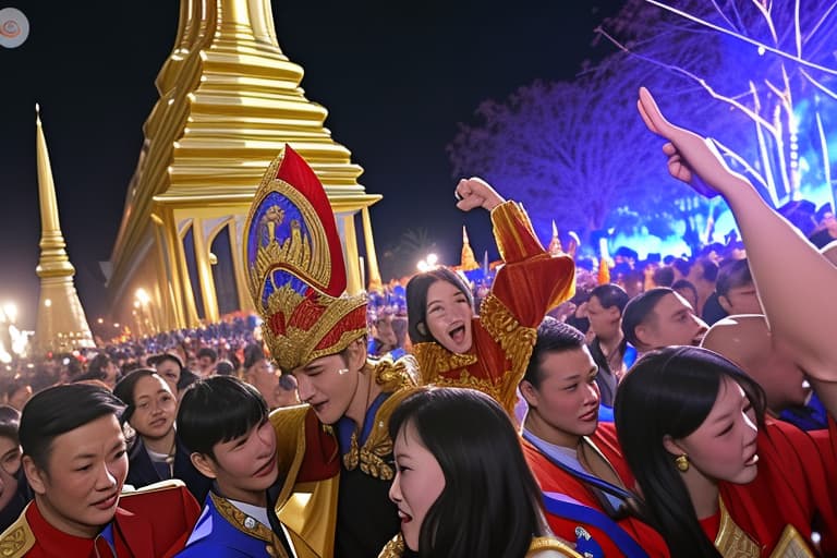  Party at the palace, celebrating victory outside Thai palace in the night too many people There are warriors