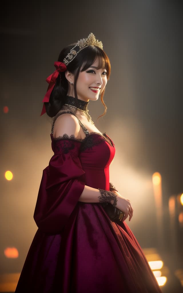 (RAW capture: 1.2), 32K quality, Masterpiece, Raw image, Dramatic lighting, Concert venue, Gothic Lolita fashion, (Photorealistic: 1.4), (Masterpiece: 1.3), (Top quality: 1.4), Beautiful, lovely Japanese woman, ((Actress Asuka Tsugawa)) (((Big smile))) hyperrealistic, full body, detailed clothing, highly detailed, cinematic lighting, stunningly beautiful, intricate, sharp focus, f/1. 8, 85mm, (centered image composition), (professionally color graded), ((bright soft diffused light)), volumetric fog, trending on instagram, trending on tumblr, HDR 4K, 8K