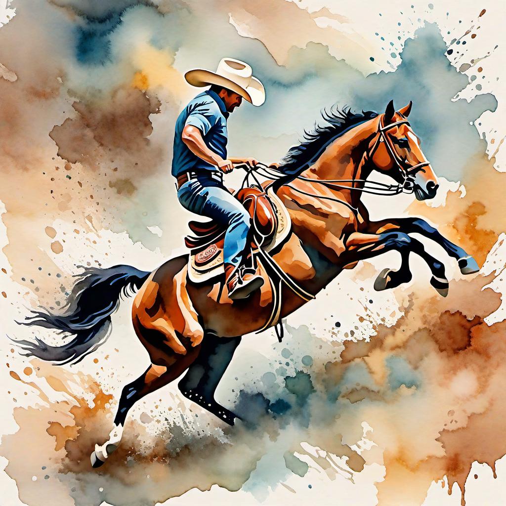  Create a watercolor painting of a man ridding a bucking horse at a rodeo. The background features soft, watercolor style splashes in earthy tones, giving the image an artistic and dreamy feel. Ensure the overall image has a delicate watercolor effect.