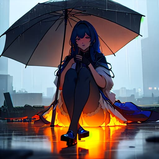  (Girl sitting in the rain), anime, highly detailed, 4k, high quality, trending on art station hyperrealistic, full body, detailed clothing, highly detailed, cinematic lighting, stunningly beautiful, intricate, sharp focus, f/1. 8, 85mm, (centered image composition), (professionally color graded), ((bright soft diffused light)), volumetric fog, trending on instagram, trending on tumblr, HDR 4K, 8K