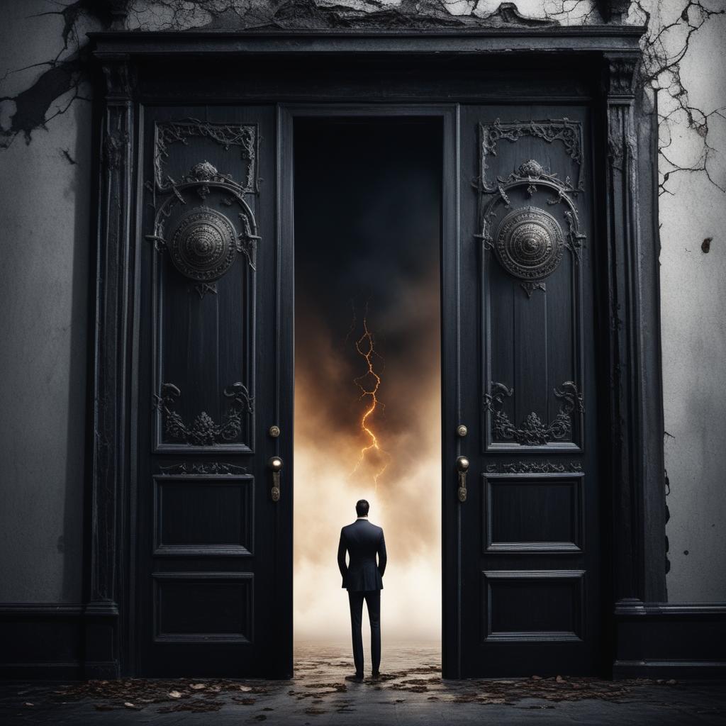  An illustration depicting the contrast between two doors representing choices of fear and success, with detailed, real emotions and accompanying words. 1. **Fear Door** - Scene: A door labeled 'Fear' prominently displayed at the top. A person stands in front, appearing visibly anxious with a worried look, sweat on their forehead, and biting their nails. - Mood: Fear, anxiety, hesitation. - Thought Bubbles: 'What if I fail?', 'I'm not ready.', 'It's too risky.' - Visual Elements: The door is dark and ominous, complemented with shadowy figures projecting from behind, cobwebs hanging, and a faintly cracked door frame signifying neglect and apprehension. - Words displayed: 'Fear' 2. **Success Door** - Scene: A door labeled 'Success' prominen hyperrealistic, full body, detailed clothing, highly detailed, cinematic lighting, stunningly beautiful, intricate, sharp focus, f/1. 8, 85mm, (centered image composition), (professionally color graded), ((bright soft diffused light)), volumetric fog, trending on instagram, trending on tumblr, HDR 4K, 8K