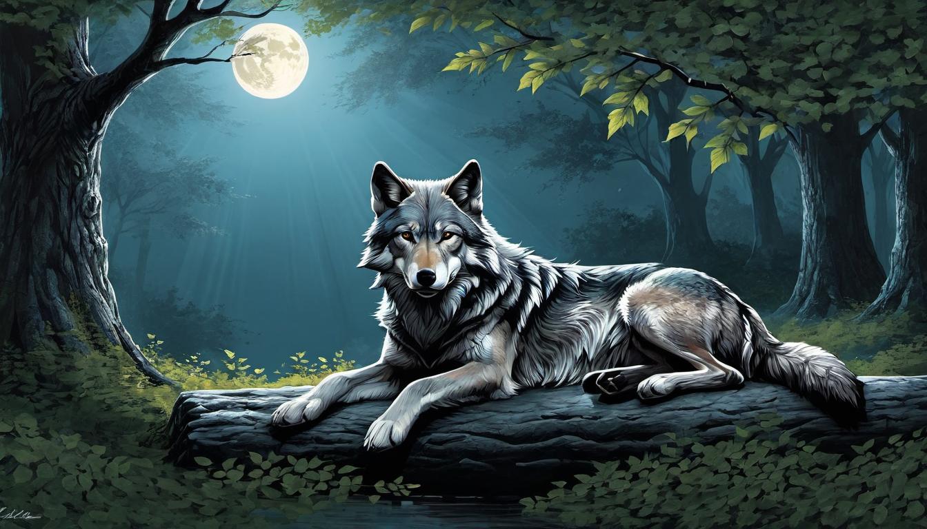  （surrealism)A solitary wolf resting under a tree, eyes half closed but alert, tree's bark textured and detailed, a sense of calm strength, soft moonlight filtering through leaves, tranquil, strong mystic, intricate details, best quality)