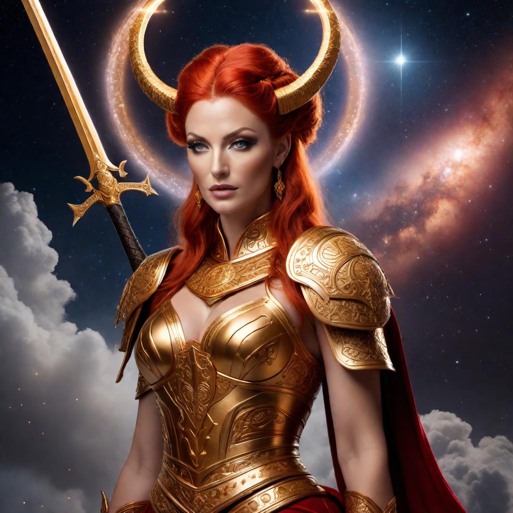  An illustration of an Aries goddess embodying strength, courage, and wisdom. She has fiery red hair flowing wildly around her, wearing a majestic golden armor with intricate details. In one hand, she holds a shimmering sword, and in the other hand, she carries a shield with the symbol of Aries. Her eyes are fierce and determined, radiating power and leadership. The background shows a dramatic sky with stars and a glowing constellation of Aries. hyperrealistic, full body, detailed clothing, highly detailed, cinematic lighting, stunningly beautiful, intricate, sharp focus, f/1. 8, 85mm, (centered image composition), (professionally color graded), ((bright soft diffused light)), volumetric fog, trending on instagram, trending on tumblr, HDR 4K, 8K