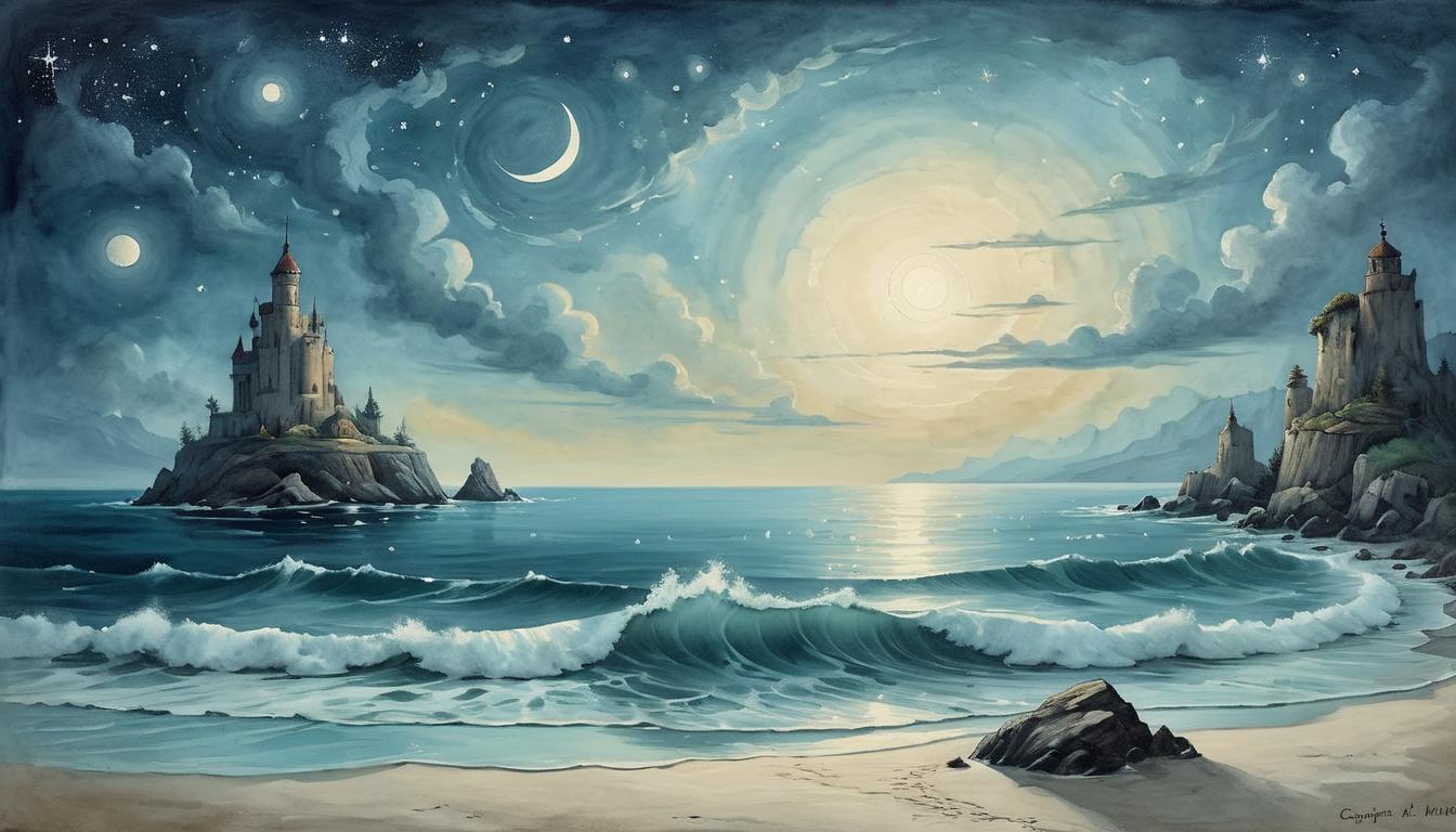  on parchment, surrealism+++, A calm ocean with gentle waves, a path of light reflecting off the water, leading to a distant horizon under a starlit sky, serene, unwavering certainty(mysterious, provocative, symbolic,muted color)+++