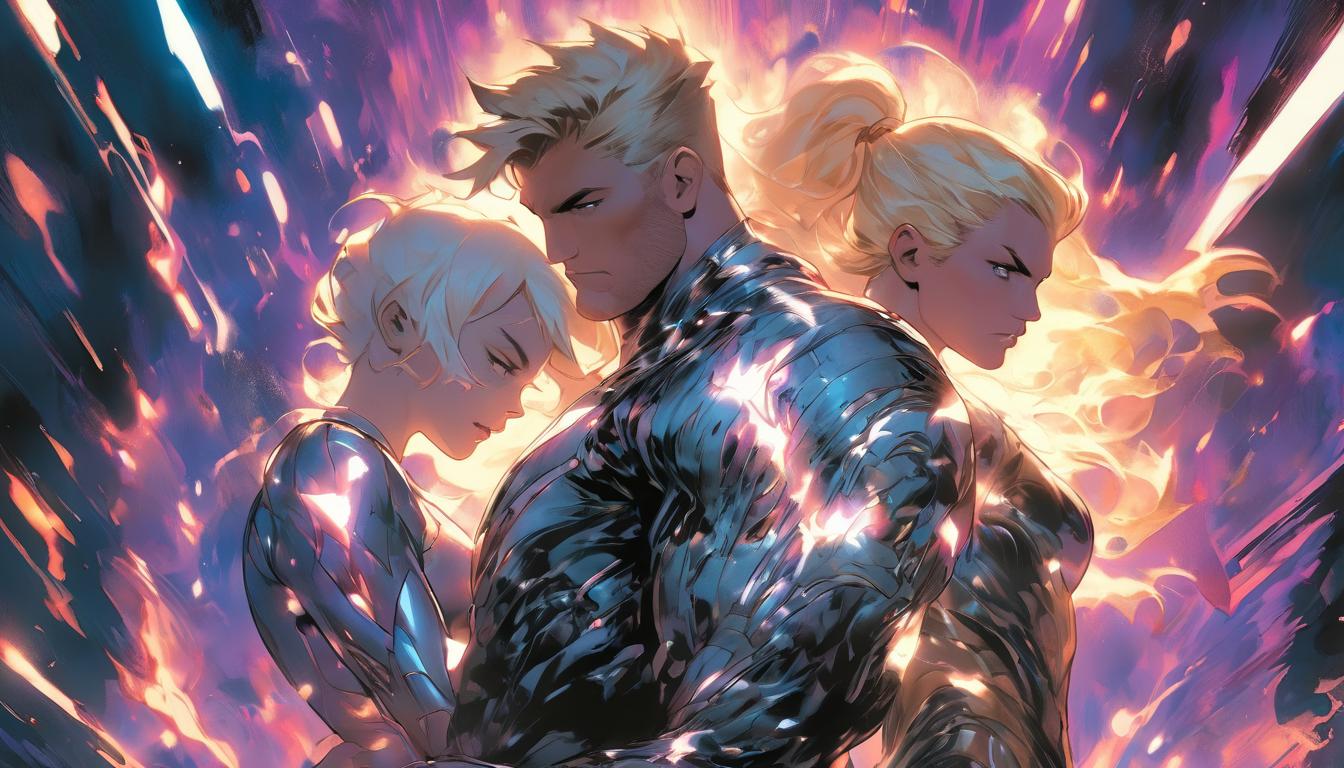  hyperrealism,fantasy aesthetic1man1woman, handsome blonde arian male humanoid and large busted attractive blonde arian female humanoid, honing skills, light beams connecting, cosmic backdrop, high tech clothing clad in sleek, futuristic costume with metallic accents and form fitting designs, marvel superhero comics style, unreal engine rendering