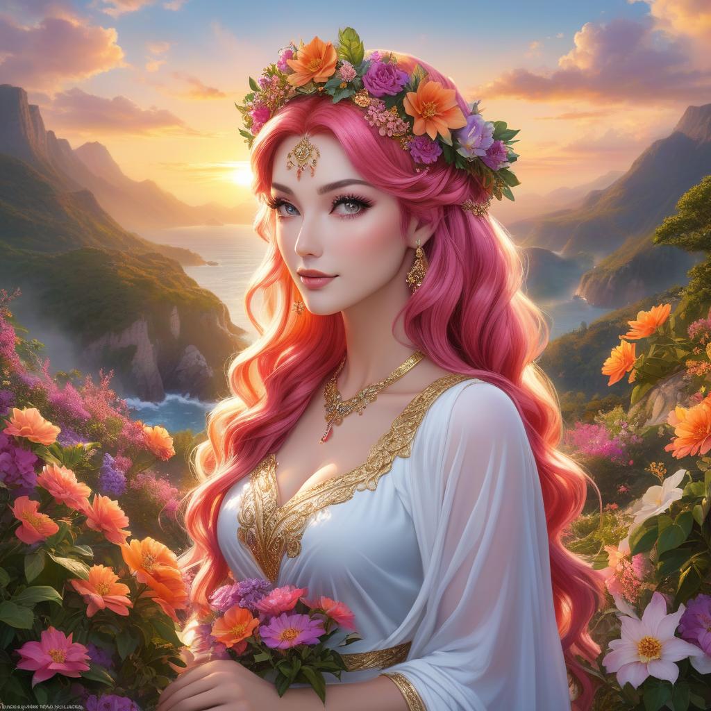  A fantasy depiction of a woman with multicolored hair and a vibrant floral crown set against a picturesque sunset landscape. A captivating summer queen, graced with lovely eyes and a charming smile, her hair a cascade of vibrant hues; set against the serene backdrop of a summertime Pacific scene. hyperrealistic, full body, detailed clothing, highly detailed, cinematic lighting, stunningly beautiful, intricate, sharp focus, f/1. 8, 85mm, (centered image composition), (professionally color graded), ((bright soft diffused light)), volumetric fog, trending on instagram, trending on tumblr, HDR 4K, 8K