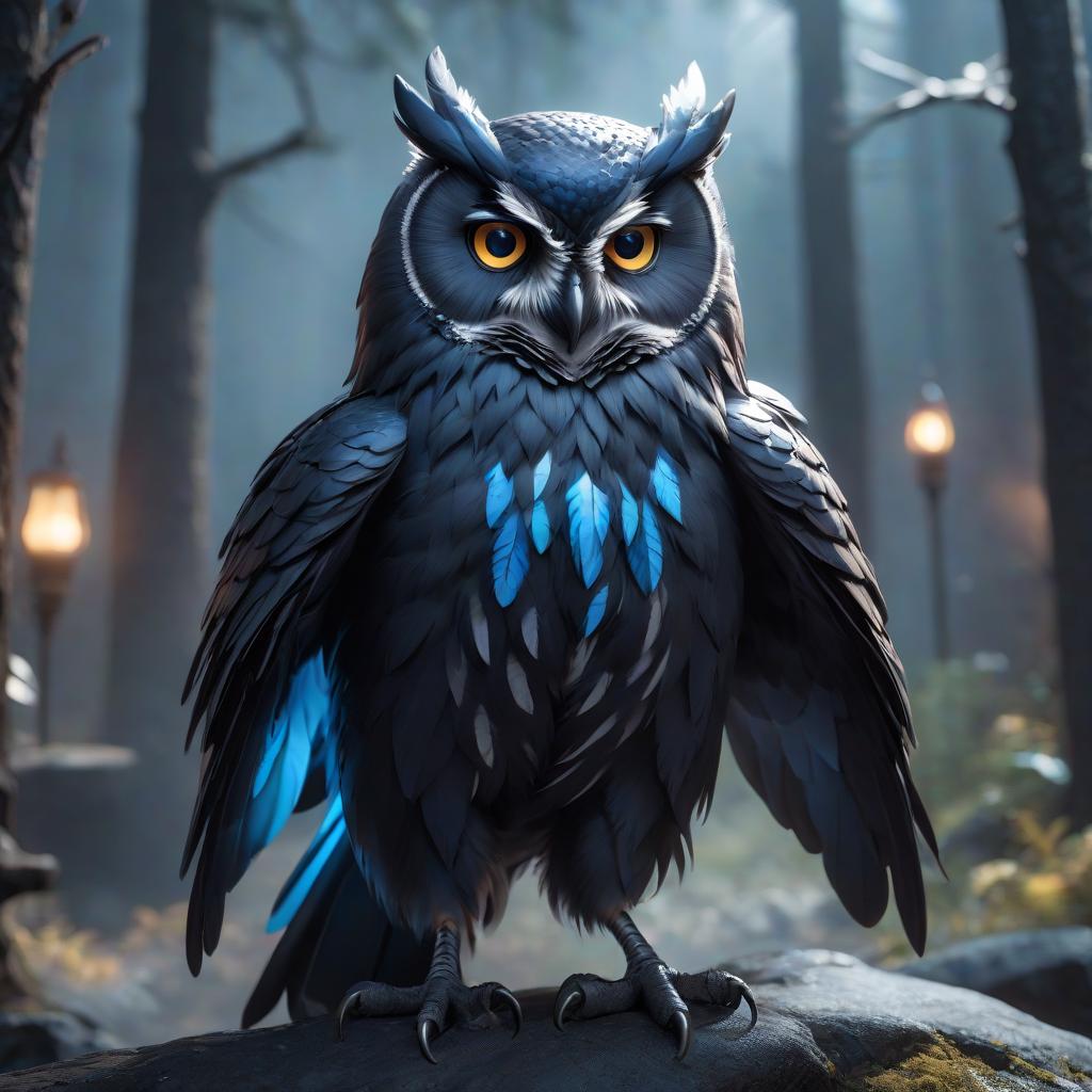  An anthropomorphic black blue owl female in a full grown setting in the DND environment with light clothing. hyperrealistic, full body, detailed clothing, highly detailed, cinematic lighting, stunningly beautiful, intricate, sharp focus, f/1. 8, 85mm, (centered image composition), (professionally color graded), ((bright soft diffused light)), volumetric fog, trending on instagram, trending on tumblr, HDR 4K, 8K