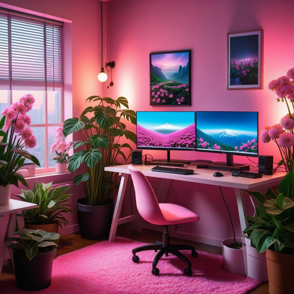  anime artwork Room of an anime girl in a pink style. In the frame, a close up of a pink workstation with a monitor, desk, carpet, flowers, indoor plants, and outside the window, night. Pink lighting. A lot of details. . anime style, key visual, vibrant, studio anime, highly detailed hyperrealistic, full body, detailed clothing, highly detailed, cinematic lighting, stunningly beautiful, intricate, sharp focus, f/1. 8, 85mm, (centered image composition), (professionally color graded), ((bright soft diffused light)), volumetric fog, trending on instagram, trending on tumblr, HDR 4K, 8K