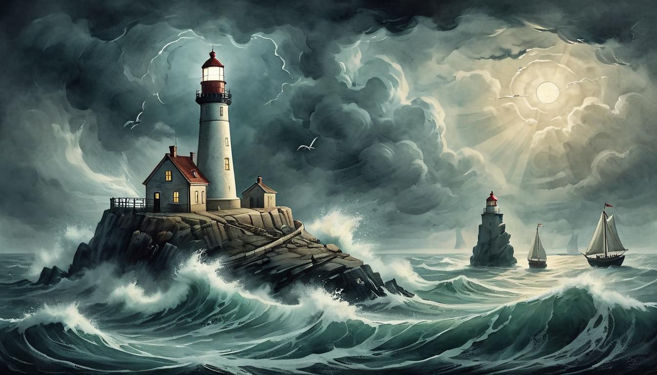  on parchment, surrealism+++, A lighthouse in a stormy sea, guiding ships away from rocks, light, hope, diminishing negativity(mysterious, provocative, symbolic,muted color)+++