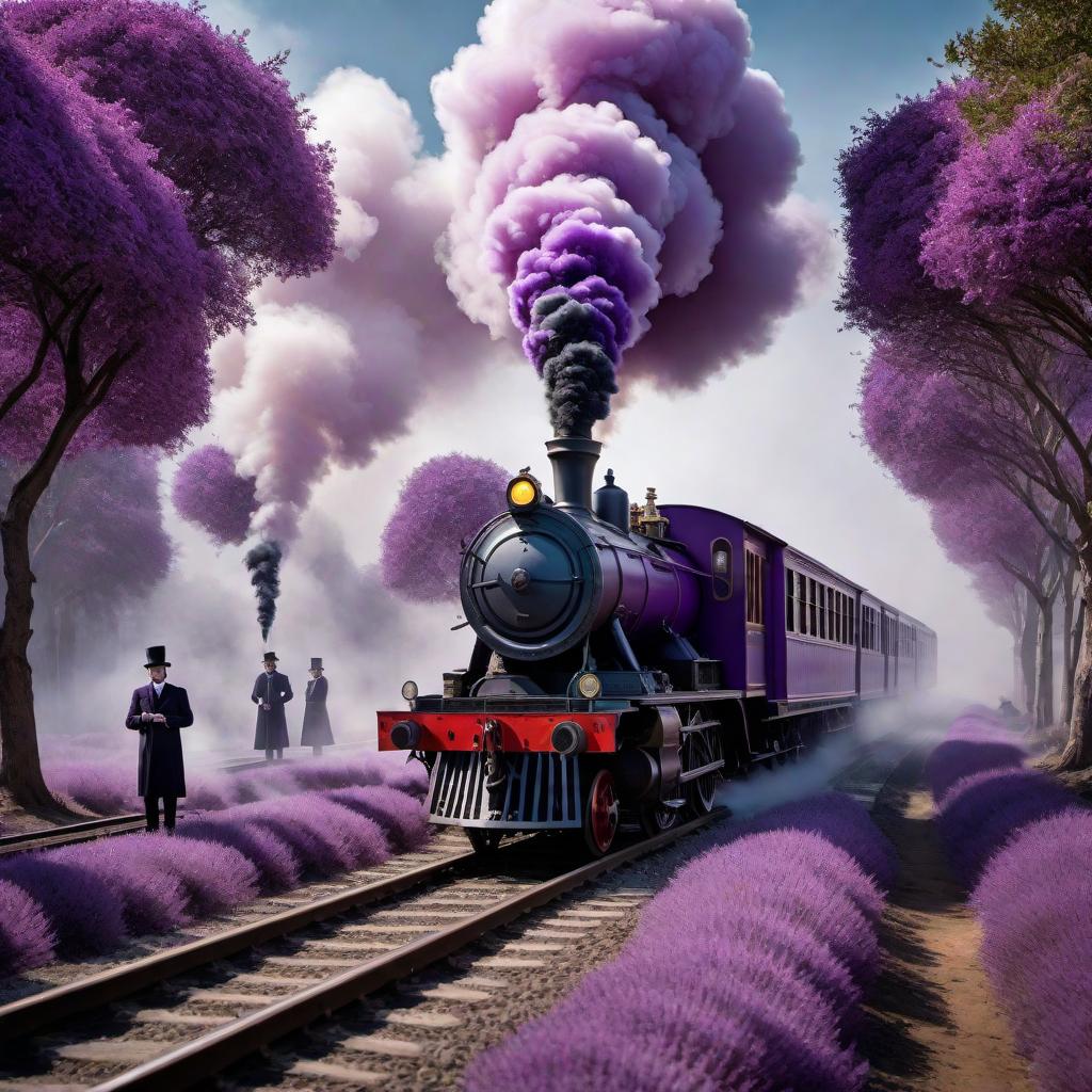  A surrealistic image of a runaway horrifying train. Purple rabbits and small elephants are scattered around. Stick men with top hats are smoking long tobacco pipes. The style should be inspired by M.C. Escher and Salvador Dalí. hyperrealistic, full body, detailed clothing, highly detailed, cinematic lighting, stunningly beautiful, intricate, sharp focus, f/1. 8, 85mm, (centered image composition), (professionally color graded), ((bright soft diffused light)), volumetric fog, trending on instagram, trending on tumblr, HDR 4K, 8K