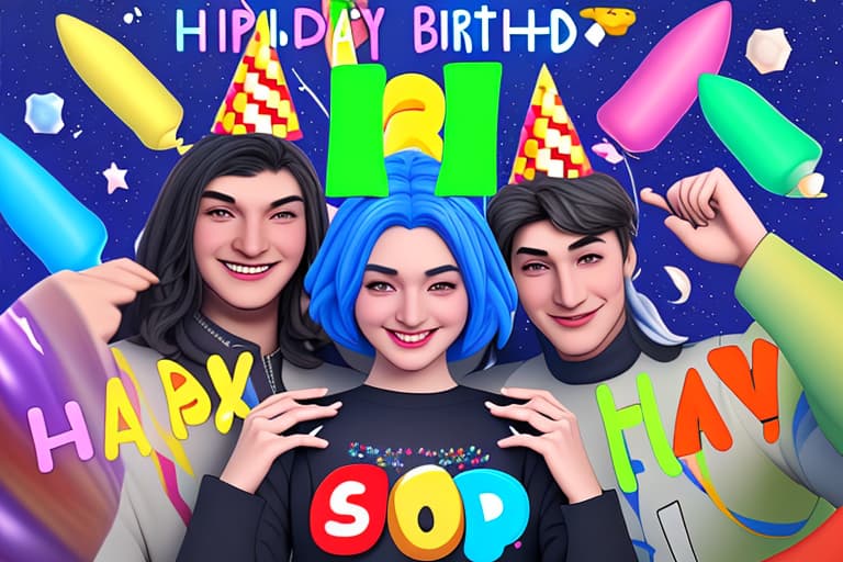  create a fun high definition birthday poster with Roblox characters playing Among Us characters in space and include 'Happy Birthday Aneeq' text on top