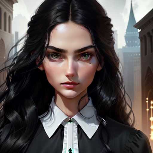  young , green eyes, black long wavy hair, beautiful, regular facial features, , slender, dressed in a dark gray dress, narrow long fingers, graceful, slender figure, small s, standing at full height next to an empty desk hyperrealistic, full body, detailed clothing, highly detailed, cinematic lighting, stunningly beautiful, intricate, sharp focus, f/1. 8, 85mm, (centered image composition), (professionally color graded), ((bright soft diffused light)), volumetric fog, trending on instagram, trending on tumblr, HDR 4K, 8K