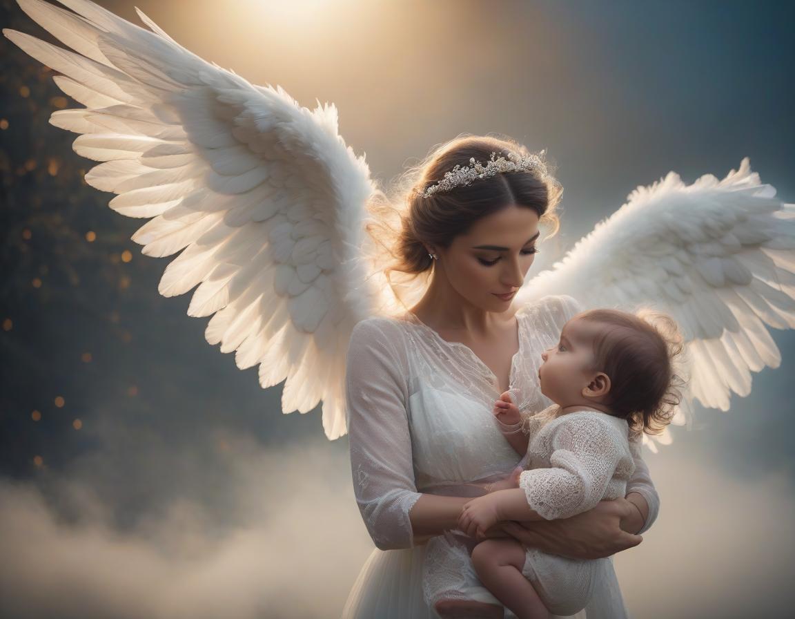  cinematic film still Central image of the work an angel flying in the sky. He carries with him a young soul to breathe it into the infant. . shallow depth of field, vignette, highly detailed, high budget, bokeh, cinemascope, moody, epic, gorgeous, film grain, grainy hyperrealistic, full body, detailed clothing, highly detailed, cinematic lighting, stunningly beautiful, intricate, sharp focus, f/1. 8, 85mm, (centered image composition), (professionally color graded), ((bright soft diffused light)), volumetric fog, trending on instagram, trending on tumblr, HDR 4K, 8K