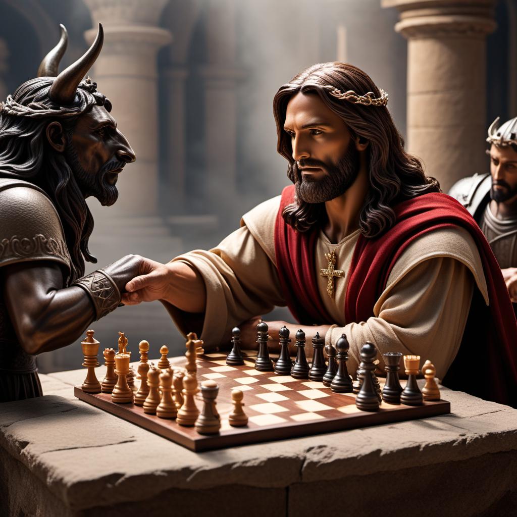  Create an image of Jesus playing chess against the devil on a stone table with all the pieces being little humans. The devil should be holding a human between his fingers by the head. Include angels flying behind Jesus and demons behind the devil, all waiting on the outcome of the game. hyperrealistic, full body, detailed clothing, highly detailed, cinematic lighting, stunningly beautiful, intricate, sharp focus, f/1. 8, 85mm, (centered image composition), (professionally color graded), ((bright soft diffused light)), volumetric fog, trending on instagram, trending on tumblr, HDR 4K, 8K