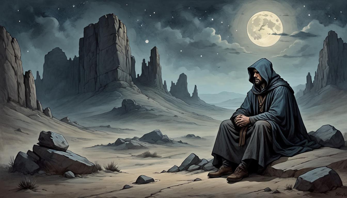  on parchment, surrealism+++, A weary traveler, cloaked, resting against a rugged boulder under a desolate night sky, subtle moonlight, desolation, solitude(mysterious, provocative, symbolic,muted color)+++