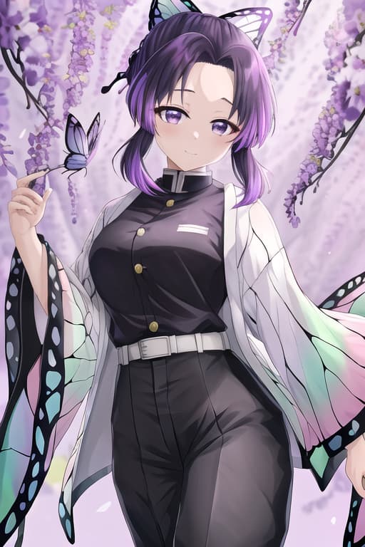  masterpiece, best quality, kochou shinobu, multicolored hair, no bangs, hair intakes, purple eyes, forehead, black shirt, black pants, haori, butterfly, buttons, belt,women, masterpiece, best quality, high quality, solo