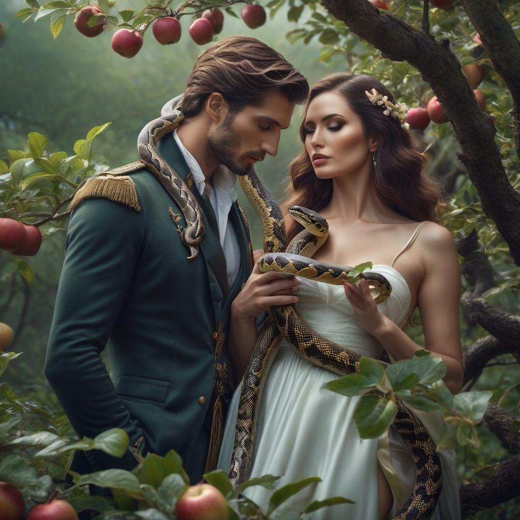  Lovers with a snake under the apple tree hyperrealistic, full body, detailed clothing, highly detailed, cinematic lighting, stunningly beautiful, intricate, sharp focus, f/1. 8, 85mm, (centered image composition), (professionally color graded), ((bright soft diffused light)), volumetric fog, trending on instagram, trending on tumblr, HDR 4K, 8K