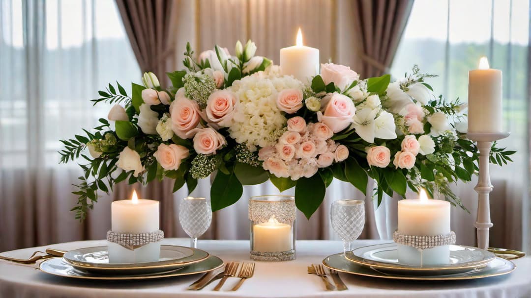  Generate an image of an elegant wedding table centerpiece. The centerpiece should feature a tall vase filled with fresh flowers and greenery in soft pastel hues. Surrounding the centerpiece, include tea light candles in glass holders for a warm glow. The table should be elegantly set with white linens and fine china, creating a formal and luxurious ambiance. This image must show a centerpiece on a table in a wedding setting. It should be on a table that a guest would sit at. This could include formal table settings. hyperrealistic, full body, detailed clothing, highly detailed, cinematic lighting, stunningly beautiful, intricate, sharp focus, f/1. 8, 85mm, (centered image composition), (professionally color graded), ((bright soft diffused light)), volumetric fog, trending on instagram, trending on tumblr, HDR 4K, 8K