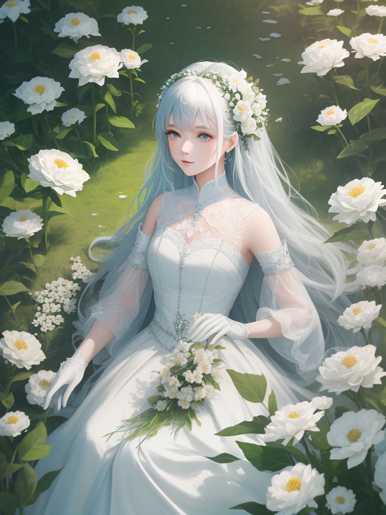  A girl with white flowers, masterpiece, best quality,8k,ultra detailed,high resolution,an extremely delicate and beautiful,hyper detail