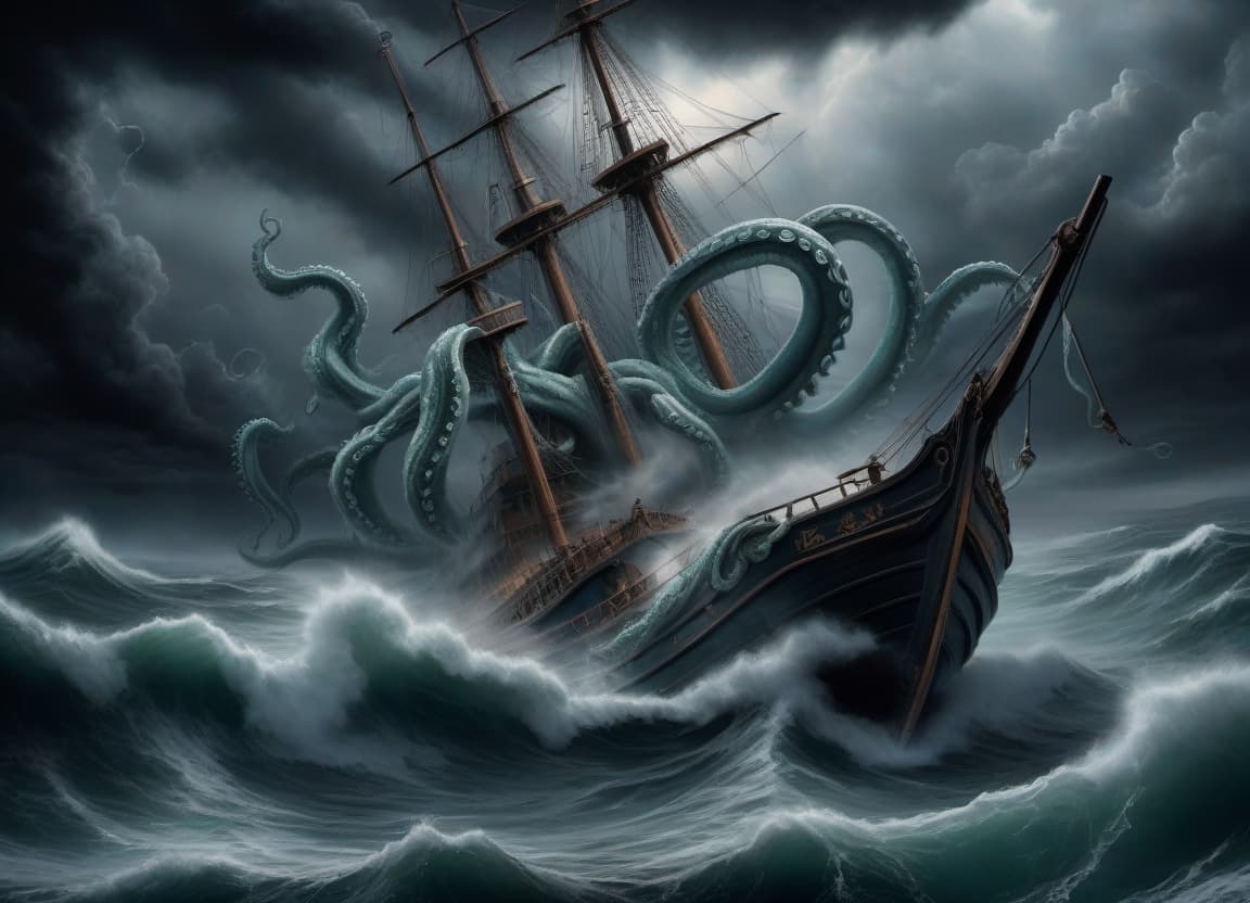  A painting with oil paints, a terrifying kraken wraps its tentacles around a boat in a stormy sea, shaggy, low clouds, a storm, a horrific atmosphere, horrors, impeccable detail in the image, attention to detail, maximum clarity in the image, professional, realistic drawing with paint, in the best traditions of painting, a masterpiece, a work of art. hyperrealistic, full body, detailed clothing, highly detailed, cinematic lighting, stunningly beautiful, intricate, sharp focus, f/1. 8, 85mm, (centered image composition), (professionally color graded), ((bright soft diffused light)), volumetric fog, trending on instagram, trending on tumblr, HDR 4K, 8K