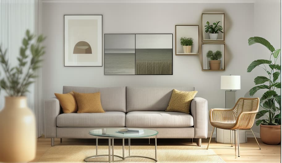  realistic image, tv, modern, modernity, a living room with a gray couch and pillows, main colour black, tilt shift mirror background, fine image on the store website, grey and dark theme, ikea catalogue, tapestry, rounded lines, sand 8k, colored walls, sliding glass windows, unique design,full HD, fabrics textiles