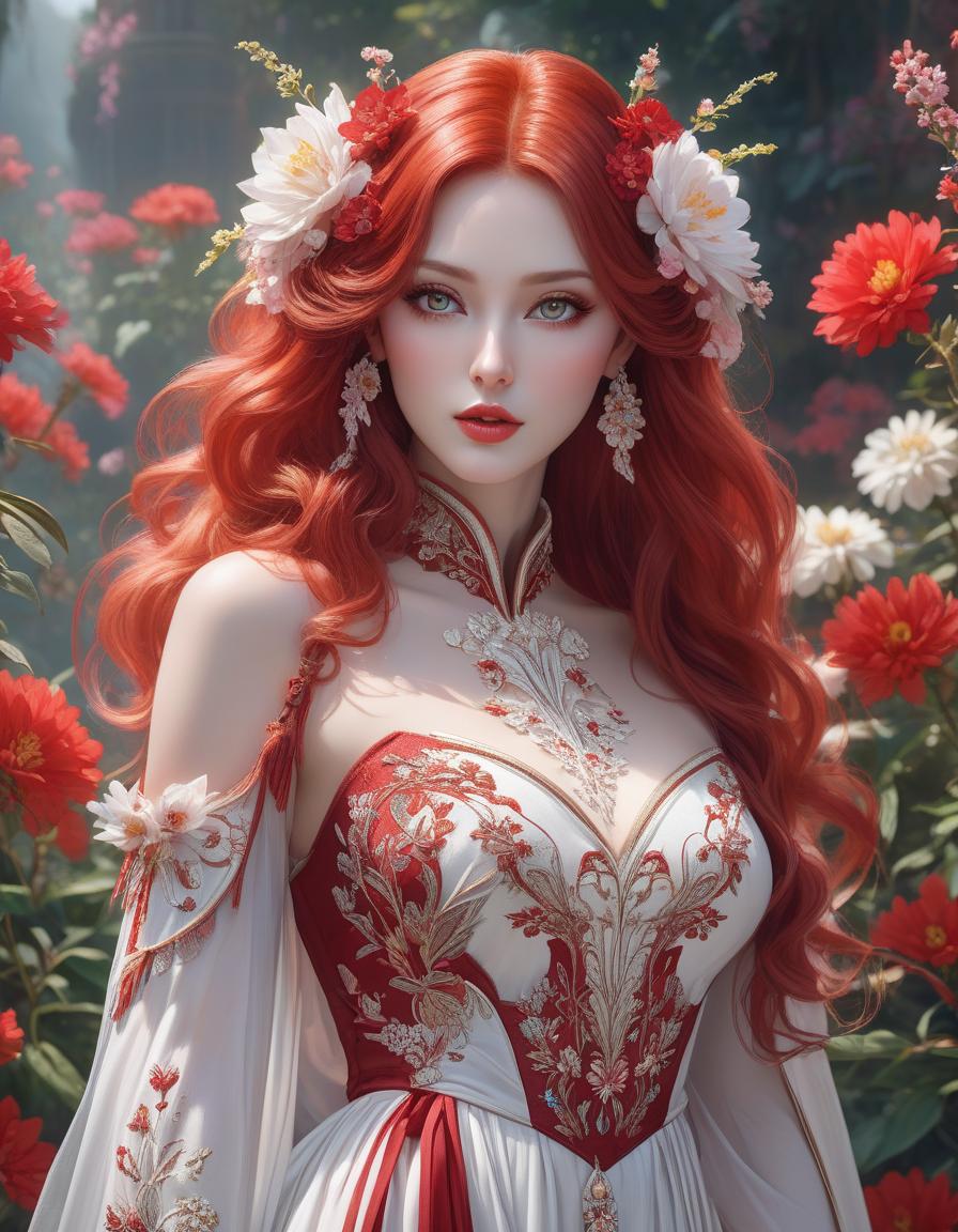  concept art The best AI image of an exquisitely beautiful woman with beautiful eyes and beautiful mouth and milky white skin, she has flowing red tresses decorated with red and white flowers and is wearing an insanely beautiful and detailed dress, bold pastel colours . digital artwork, illustrative, painterly, matte painting, highly detailed hyperrealistic, full body, detailed clothing, highly detailed, cinematic lighting, stunningly beautiful, intricate, sharp focus, f/1. 8, 85mm, (centered image composition), (professionally color graded), ((bright soft diffused light)), volumetric fog, trending on instagram, trending on tumblr, HDR 4K, 8K