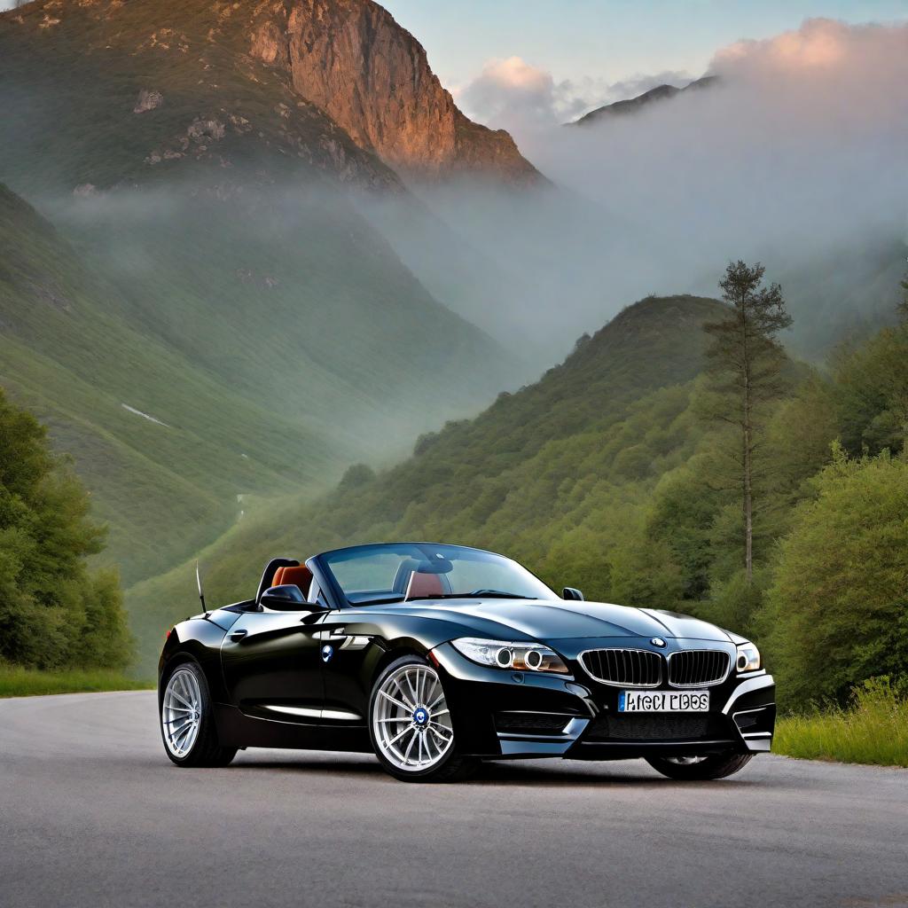  Retro mod 2013 BMW Z4 E89 model in black. A 2013 BMW Z4 E89 with retro modifications, featuring classic design elements from the 1960s and 1970s. The car should be black with vintage touches such as chrome bumpers, wire-spoke wheels, and a two-tone paint job. The setting is an open road with a scenic background. hyperrealistic, full body, detailed clothing, highly detailed, cinematic lighting, stunningly beautiful, intricate, sharp focus, f/1. 8, 85mm, (centered image composition), (professionally color graded), ((bright soft diffused light)), volumetric fog, trending on instagram, trending on tumblr, HDR 4K, 8K