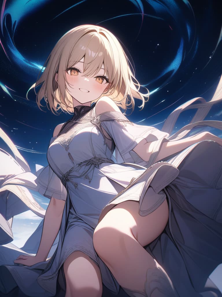  Girls, blonde, short hair, night sky, smile, masterpiece, best quality,8k,ultra detailed,high resolution,an extremely delicate and beautiful,hyper detail