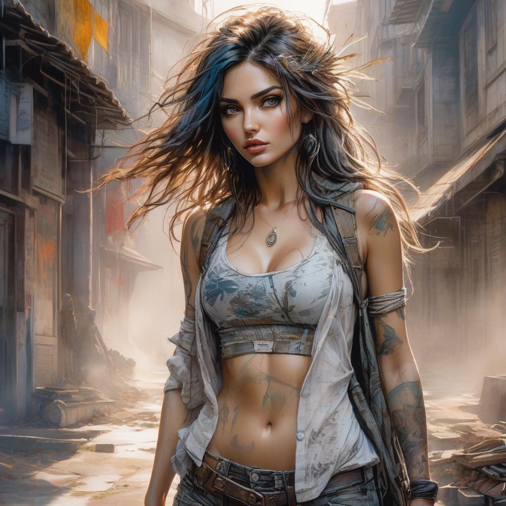  grunge style by Albert Robida and Alice Pasquini and Luis Royo, watercolour masterpiece, Digital watercolor Illustration Waterhouse, Carne Griffiths, Minjae Lee, Ana Paula Hoppe, Stylized watercolor art, Intricate, Complex contrast, soft Cinematic Volumetric lighting, seasonal colors, perfect wide long shot visual masterpiece . textured, distressed, vintage, edgy, punk rock vibe, dirty, noisy hyperrealistic, full body, detailed clothing, highly detailed, cinematic lighting, stunningly beautiful, intricate, sharp focus, f/1. 8, 85mm, (centered image composition), (professionally color graded), ((bright soft diffused light)), volumetric fog, trending on instagram, trending on tumblr, HDR 4K, 8K