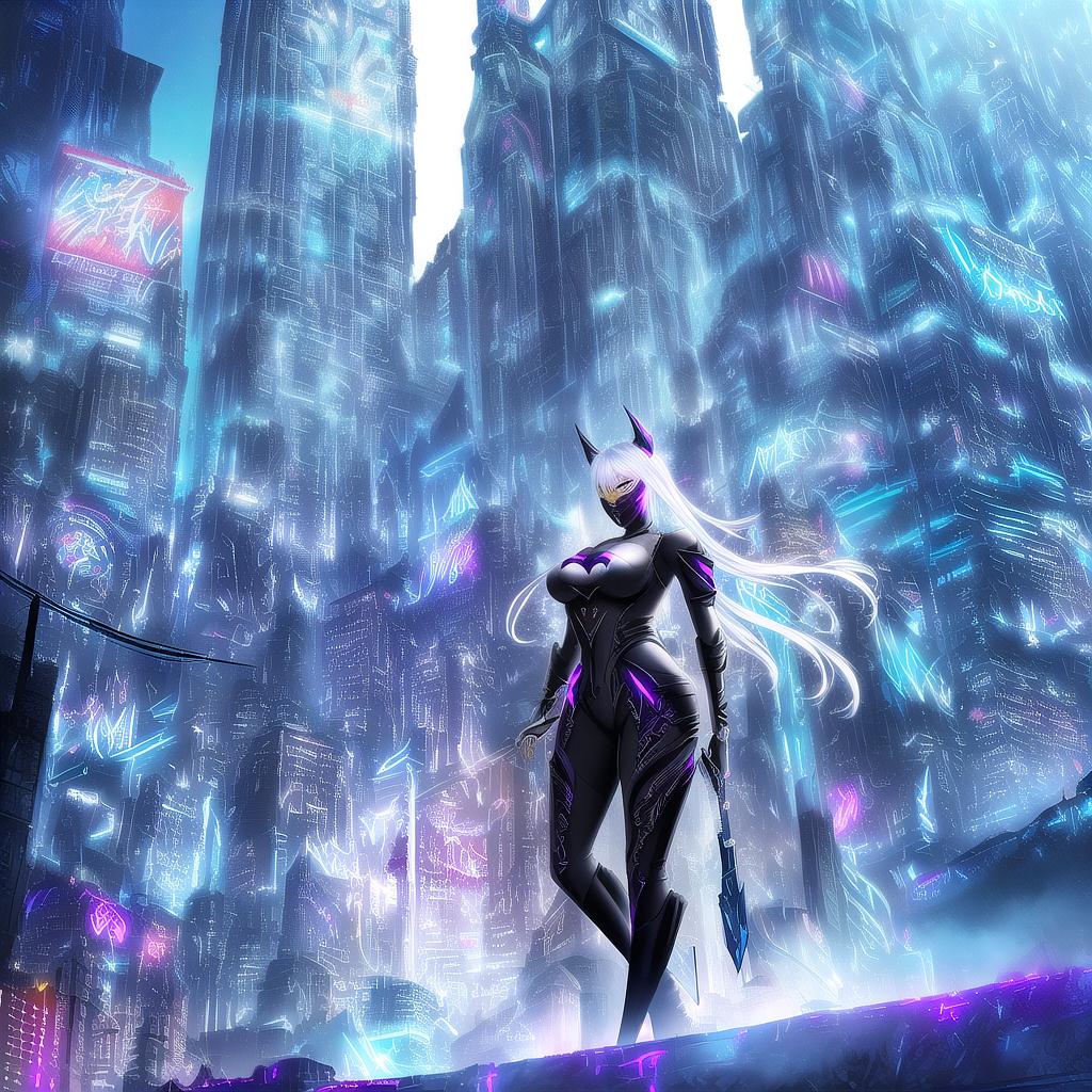  In this captivating and vibrant digital painting, a futuristic urban landscape is brought to life with neon lights and a moonlit sky. The main focus is a mysterious female figure with silver hair styled into two large buns. She dons a mask and a Batman-inspired outfit, holding a unique electric guitar with the 'CHAPMAN' label. Her outfit and the guitar emit an electrifying aura. The background showcases towering buildings adorned with graffiti, reflecting the dark fantasy theme. This scene exudes a dark and edgy atmosphere, yet is balanced by the vivid colors and cinematic quality., cinematic, graffiti, vibrant, 3d render, anime, dark fantasy, painting hyperrealistic, full body, detailed clothing, highly detailed, cinematic lighting, stunningly beautiful, intricate, sharp focus, f/1. 8, 85mm, (centered image composition), (professionally color graded), ((bright soft diffused light)), volumetric fog, trending on instagram, trending on tumblr, HDR 4K, 8K