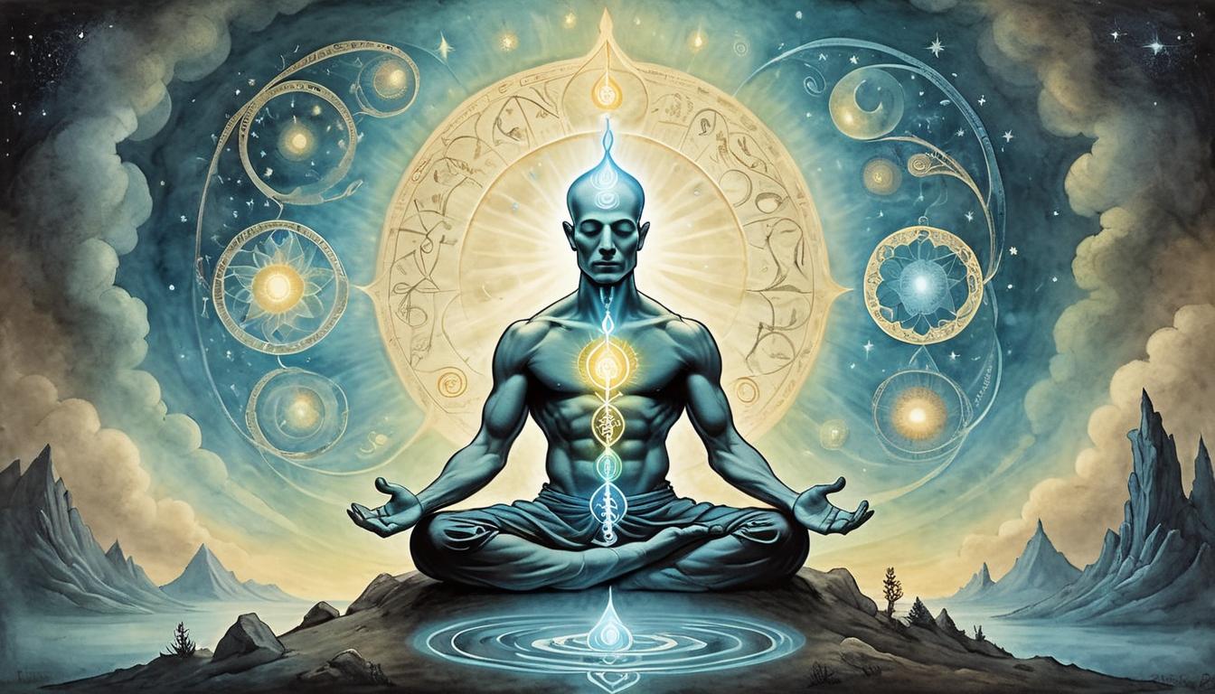  on parchment, surrealism+++, Human figure meditating, surrounded by a luminous aura, representing environmental factors influencing DNA, serene ambiance, connection, contemplation(mysterious, provocative, symbolic,muted color)+++