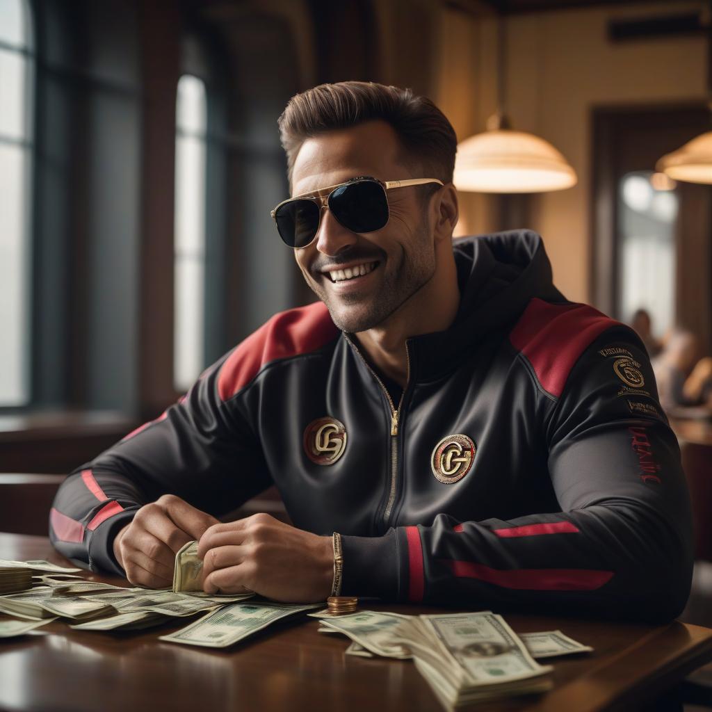  cinematic film still A man in a Gucci tracksuit and black sunglasses sits at a table and counts money in his hands and smiles . shallow depth of field, vignette, highly detailed, high budget, bokeh, cinemascope, moody, epic, gorgeous, film grain, grainy hyperrealistic, full body, detailed clothing, highly detailed, cinematic lighting, stunningly beautiful, intricate, sharp focus, f/1. 8, 85mm, (centered image composition), (professionally color graded), ((bright soft diffused light)), volumetric fog, trending on instagram, trending on tumblr, HDR 4K, 8K