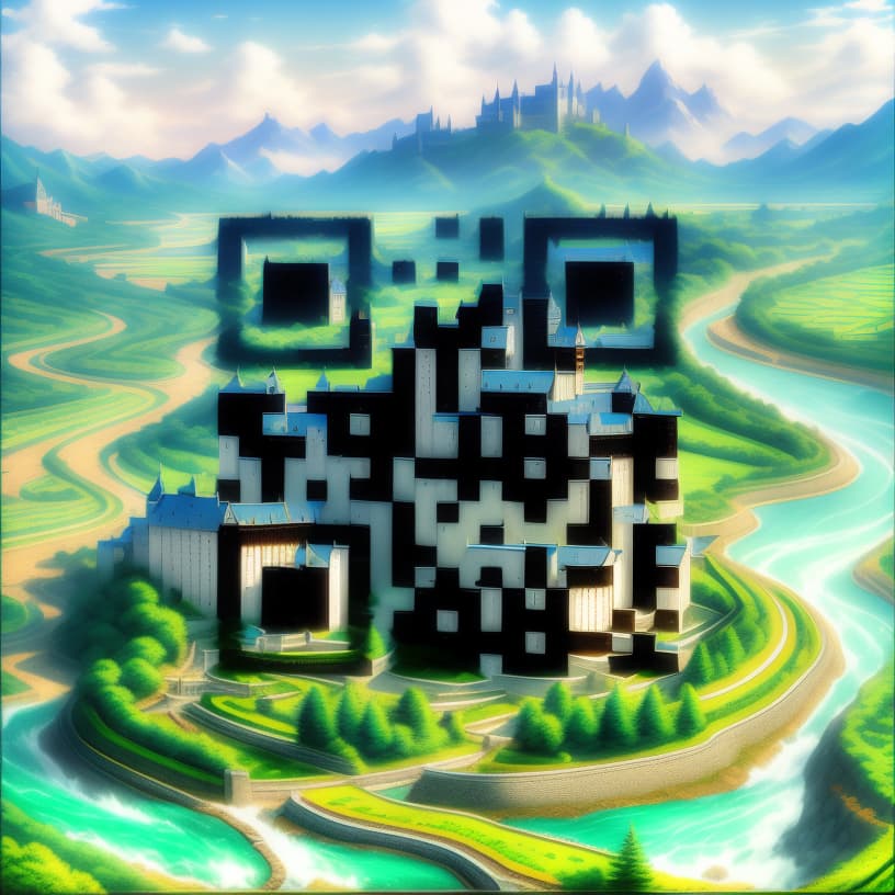  style Anime, castle, river, forest, mountains