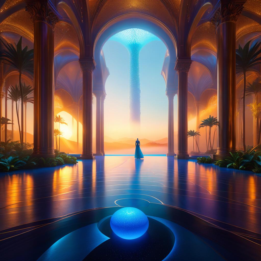  ethereal fantasy concept art of (paintings) made of coloured sand and preserved under glass. But only in this case the paintings were inside the glass. They covered the walls, the ceiling, the floor, depicting an oasis in the desert. Overhead, the sun shone in the golden sand, surrounded by blue white swirls of sky. Date palms swayed on either side, and a small lake of alluring sapphire blue could be seen in the distance. . magnificent, celestial, ethereal, painterly, epic, majestic, magical, fantasy art, cover art, dreamy, hkmagic, GLOWNEON hyperrealistic, full body, detailed clothing, highly detailed, cinematic lighting, stunningly beautiful, intricate, sharp focus, f/1. 8, 85mm, (centered image composition), (professionally color graded), ((bright soft diffused light)), volumetric fog, trending on instagram, trending on tumblr, HDR 4K, 8K