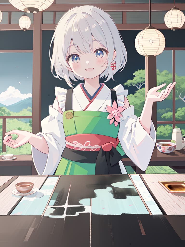  Japanese Painting Style, FRILL APRON, BARE SHOULDER, CARRY A TRAY, HAPPY SMILE, Japanese Cafe, Best Quality: 1.4, ULTRA DETALED EXTURE, Raw PhotOREALISTIC, Absurd Resolution, 8k Illustration, 💩, 💩, 💩, 💩, 💩, 💩,, masterpiece, best quality,8k,ultra detailed,high resolution,an extremely delicate and beautiful,hyper detail