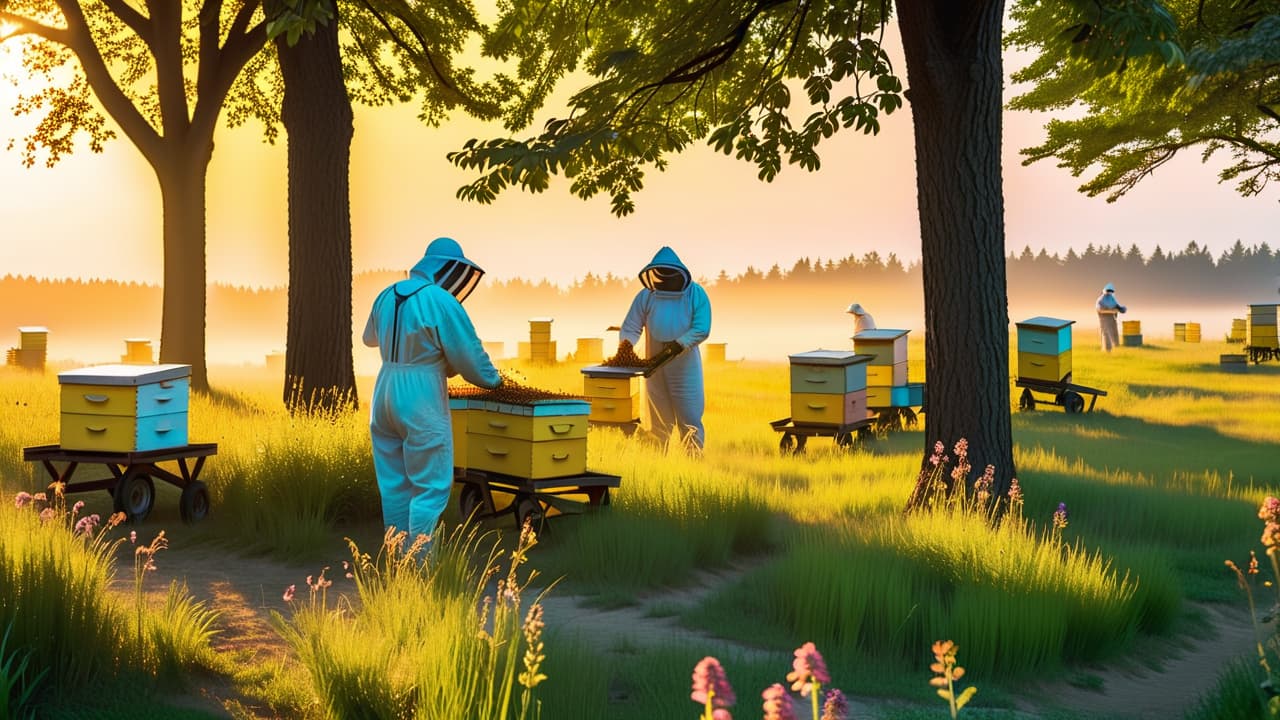  A serene apiary at dawn, with beekeepers in vintage protective suits tending to the hives among blooming wildflowers. The early morning light filters through the trees, casting a soft, warm glow on the scene. The image should capture the tranquility and harmony of nature, with bees buzzing around, detailed, intricate, and with a focus on the interaction between humans and bees. Inspired by the style of Mid Century Modern, the artwork should have a nostalgic feel, blending realism with a touch of whimsy. The composition should be highly detailed, with sharp focus, and rendered in digital painting to achieve a 4K UHD image that feels both timeless and inviting. hyperrealistic, full body, detailed clothing, highly detailed, cinematic lighting, stunningly beautiful, intricate, sharp focus, f/1. 8, 85mm, (centered image composition), (professionally color graded), ((bright soft diffused light)), volumetric fog, trending on instagram, trending on tumblr, HDR 4K, 8K